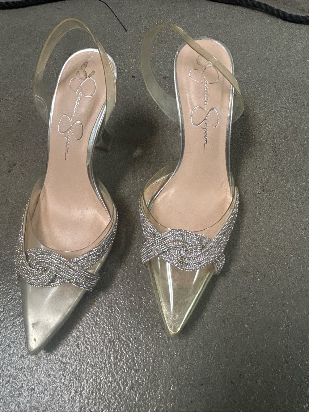 Jessica Simpson Clear and Silver Crystal Knot Slingback Heels